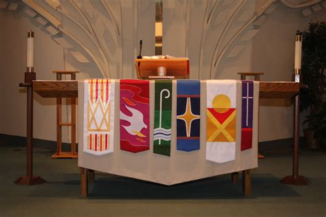 The Gloria in Excelsis, the Gloria Patri, and the Alleluias, omitted during Passiontide and Lent, return to the Divine Service as the <b>Church</b> joyously celebrates the Resurrection. . Lutheran church altar paraments